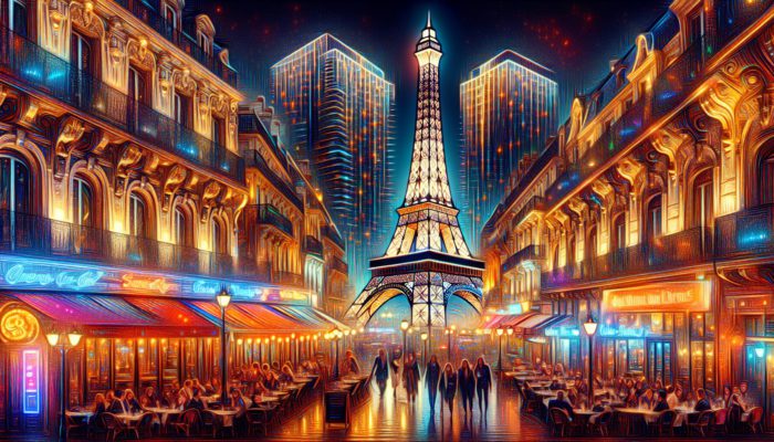 Eiffel Tower replica at Paris Las Vegas, illuminated at night, with French-style architecture and bustling streets.