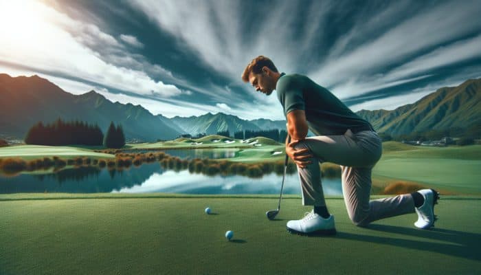 Golfer doing knee-strengthening exercise on green course with lake and mountains in background.