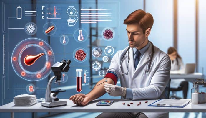 Illustration of a ferritin blood test in a Droylsden clinic with personalized dietary charts for community health.