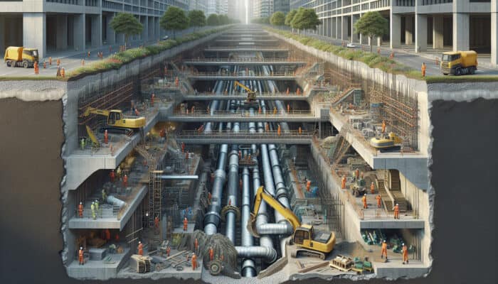 A modern concrete drainage system under construction in New Westminster, with workers and machinery.