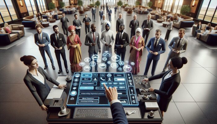 Hotel staff interacting with diverse guests in an elegant lobby, utilising modern booking software and engaging in role-playing for enhanced service.