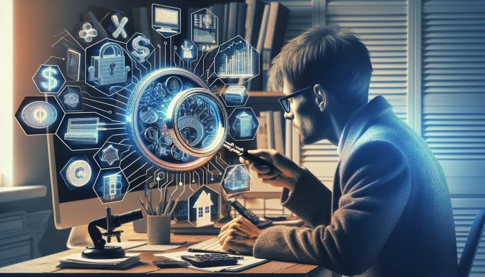 Person in UK planning debt consolidation, comparing loans with magnifying glass in home office.