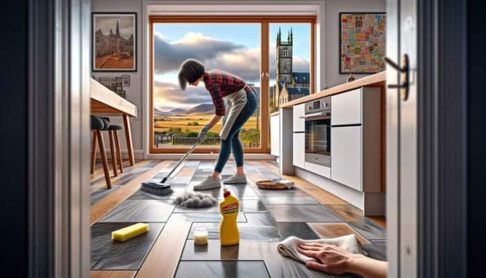 A person diligently cleaning grout haze from kitchen floor tiles in West Dunbartonshire, with Scottish architecture in the background.