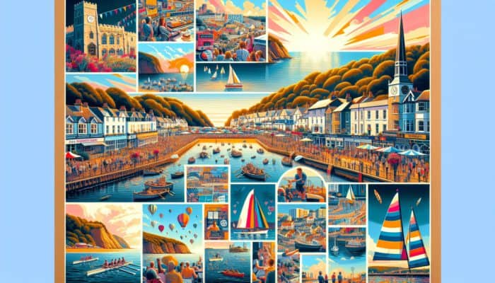 A vibrant collage highlighting Sidmouth's Folk Festival, regatta, local landmarks, and community engagement by businesses.