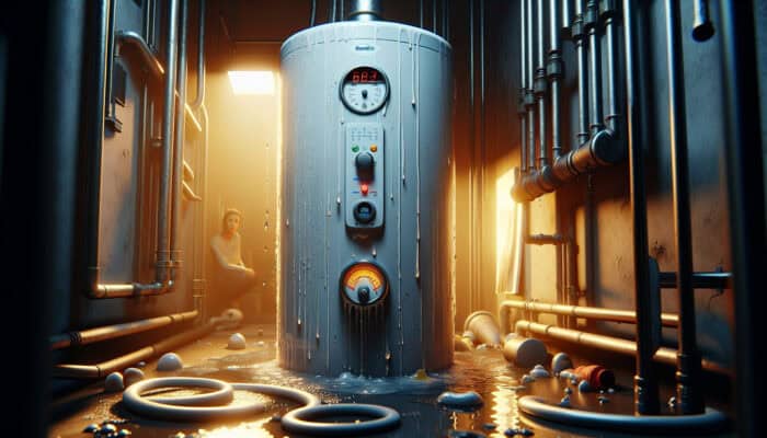 A malfunctioning water heater showing leaks, sediment, and fluctuating gauges in a dimly lit utility room; a concerned homeowner nearby.