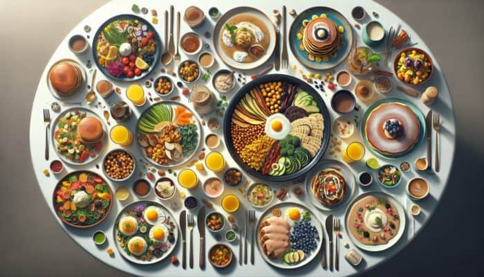 A colorful brunch spread with plant-based and global fusion dishes, reflecting current trends.