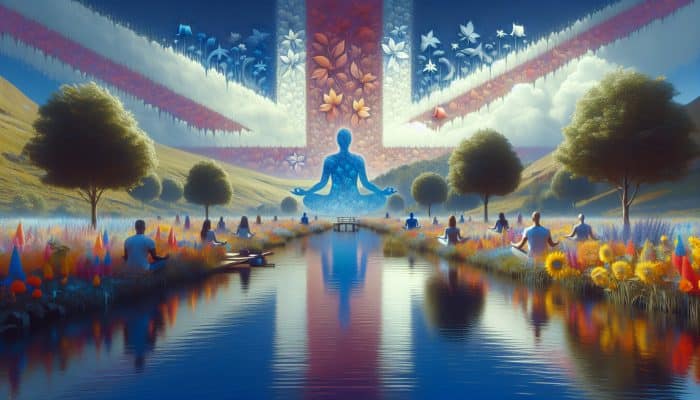 A tranquil UK landscape with individuals practicing mindfulness, surrounded by symbols of reduced stress and improved mental health.