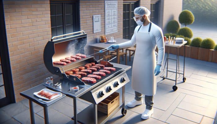 A person grilling lean meats safely on a clean barbecue, using separate utensils and a thermometer in an organized outdoor kitchen.