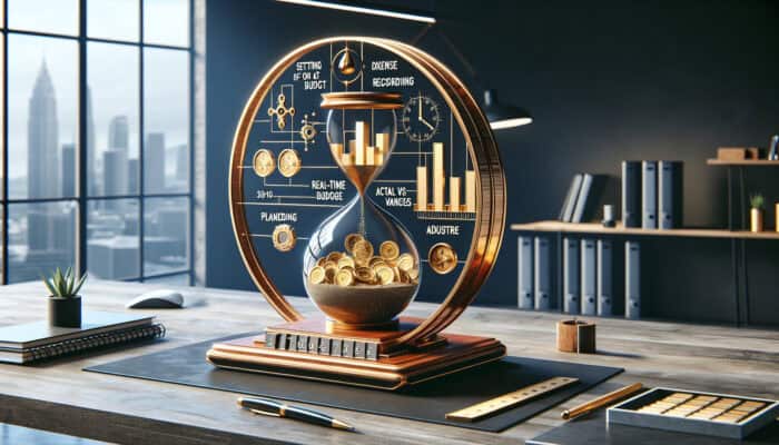 A financial chart showing budget tracking steps in a modern office: setting, recording, comparing, and adjusting.