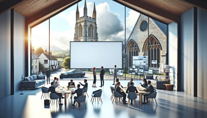 Contemporary WordPress design studio in Glastonbury, featuring professionals collaborating around a large screen amid historic architecture.