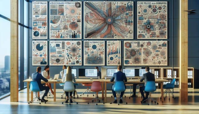 A modern Gloucester office showcasing diverse web designs, client testimonials, and team project discussions.