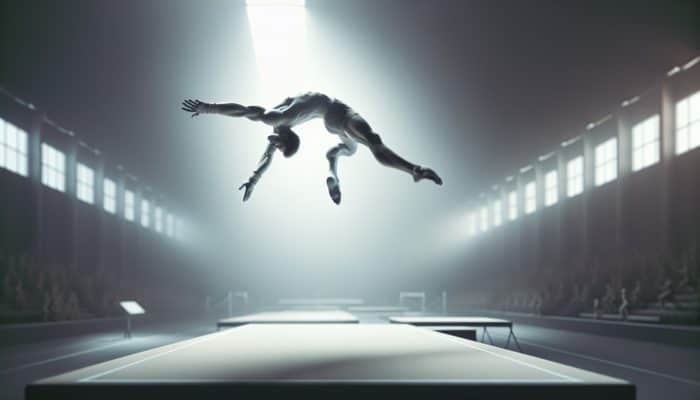 A gymnast performing a perfect backflip in a blurred gymnasium, showcasing seamless technique and grace.