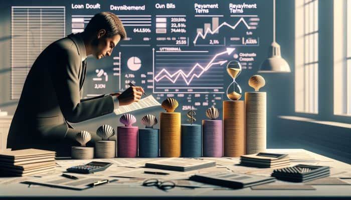 Person comparing loan documents and utility bills on a desk, with graphs of interest rates and repayment terms in an office.