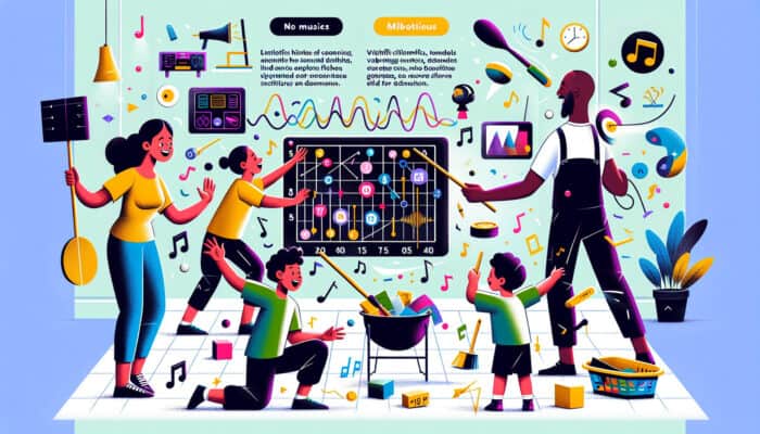 A family decluttering their home, engaging in a fun competition with music and a scoreboard, children choosing items to donate.