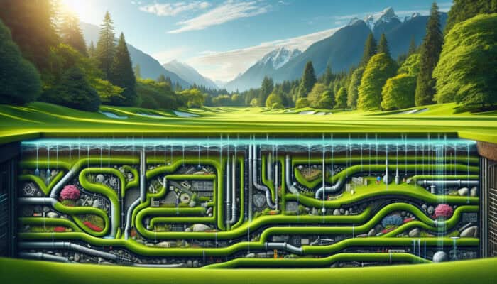 Cross-section illustration of a South Vancouver lawn featuring French drains and dry wells, surrounded by vibrant greenery.
