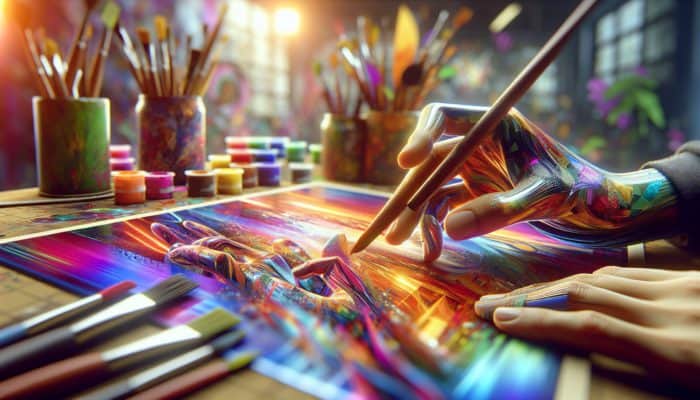 Hands applying colorful foils in layers on a canvas in an artist's studio.