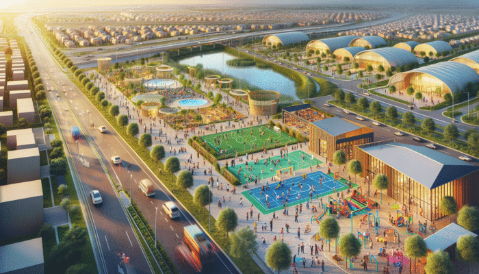 A vibrant Mahikeng neighborhood with new parks, recreational centers, and improved transport, fostering family and community interactions.