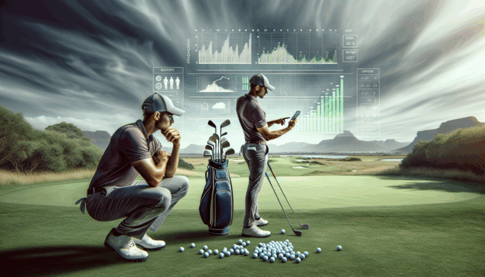 South African golfer using app to analyze shot data and performance on course.