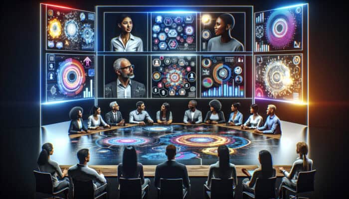 Professionals worldwide connecting at a virtual event using advanced technology on digital screens.