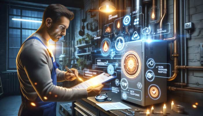 Technician examines a modern boiler in a well-lit workshop, surrounded by glowing reviews on a tablet, stopwatch, and warranty certificates.