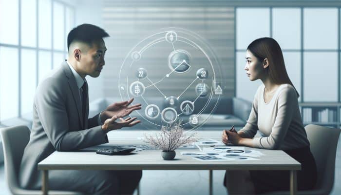 Financial advisor explaining debt consolidation with a diagram in a serene office setting.