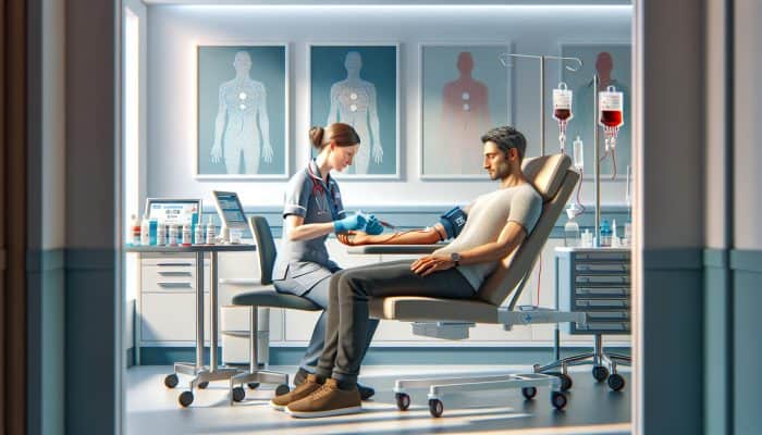 A skilled NHS nurse draws blood from a relaxed patient's arm in a modern Banbury clinic, surrounded by sterile equipment and calming posters.