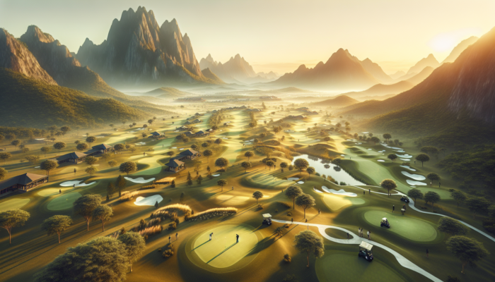 Aerial view of Royal Cape Golf Club at sunset, golfers analyzing course, Table Mountain background.