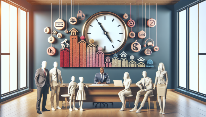 A diverse family consults a banker in a modern Benoni office, surrounded by declining interest rate charts and a large ticking clock.