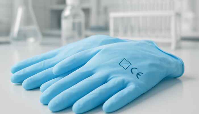 High-quality latex gloves with UK safety certifications in a sterile lab.