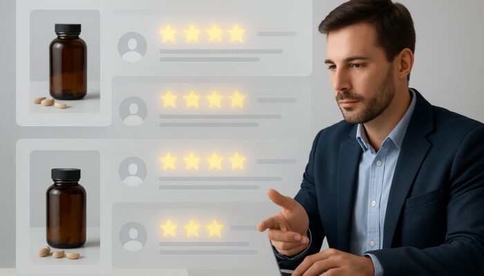 Bustling online store page for health supplements showcasing glowing reviews, critical feedback, and brand responses.