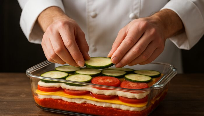 Chef's hands layering colorful ingredients in glass baking dish for even, overflow-free baking.