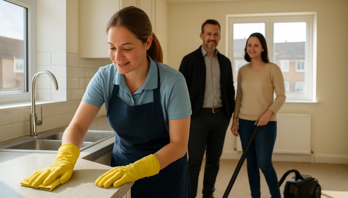 Professional cleaner in a Yeovil home wiping countertops and vacuuming carpets, while tenant and landlord smile at the spotless interior.