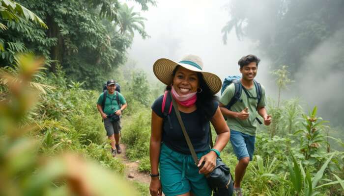 Adventurers trekking through misty Belize rainforests, engaging with smiling locals and exotic wildlife, fostering cultural exchange and discovery.