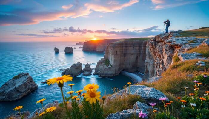 Photographer on coastal cliff at dawn capturing a vibrant sunrise over turquoise waters, with golden light illuminating wildflowers and rugged rocks, while avoiding crowds.