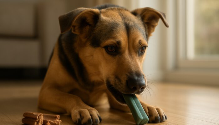 Vigilant dog chewing a safe dental treat in a sunny home, with splintered chews nearby warning of choking risks.