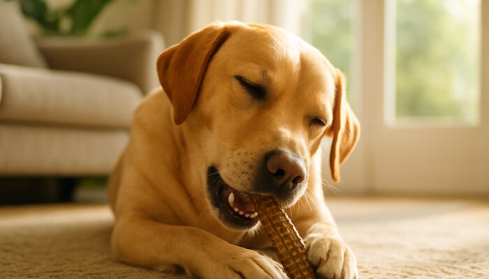 Serene dog chewing a textured dental treat in a sunlit living room, eyes focused.