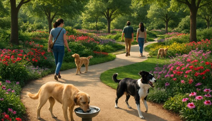 Playful dogs explore shaded paths in a pet-friendly botanical garden with vibrant flowers and water stations.