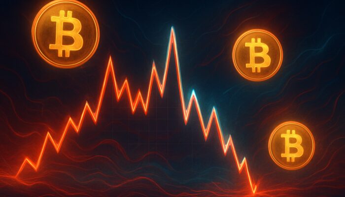 Chaotic crypto price chart with spikes, plunges, and Bitcoin symbols illustrating market volatility.