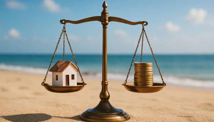 Scale comparing buying costs (house) vs. renting (coins) in coastal Richards Bay under sunny sky.