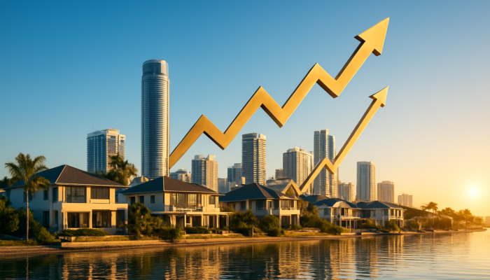 Richards Bay coastal cityscape at dawn: modern skyscrapers and upward economic graphs symbolizing property stability.