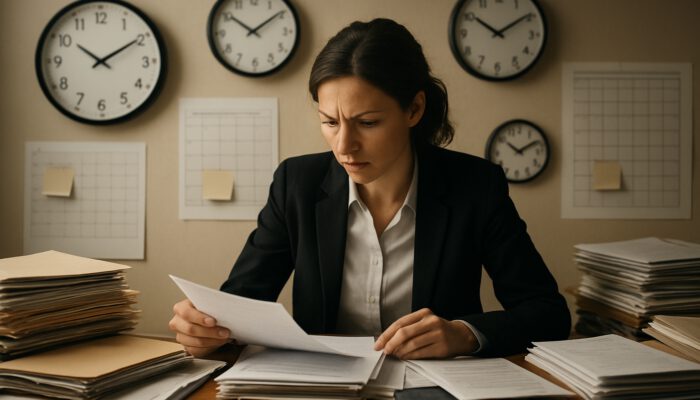 Focused campaign assistant prioritising documents in a busy office with deadlines looming.