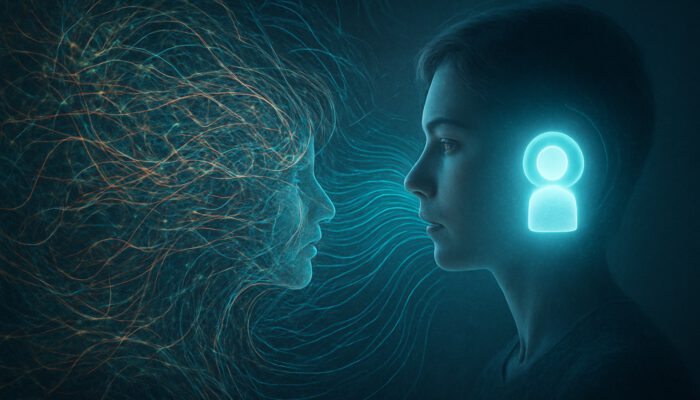 A luminous virtual assistant organising chaotic data streams to enhance mental clarity.