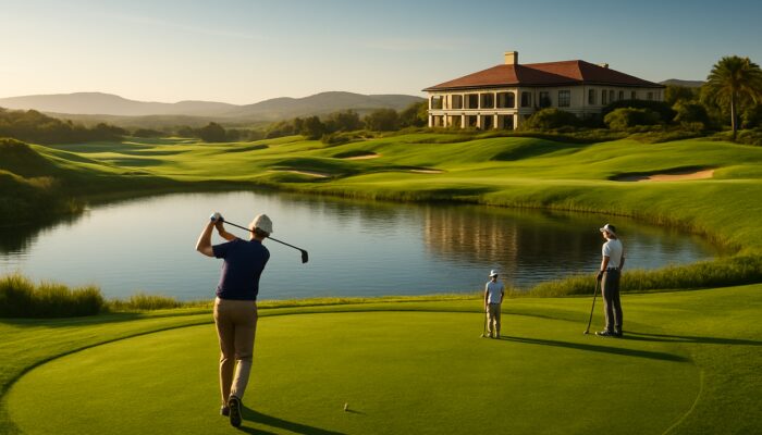 Picturesque Oubaai Golf Club course showcasing pristine greens, glimmering water hazards, players teeing off, and an impressive clubhouse.