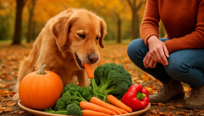 Happy dog enjoying fresh seasonal vegetables in an autumn park with its owner.