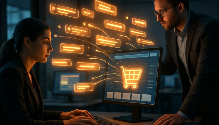 Analysts extracting valuable keywords from user reviews to enhance a vibrant e-commerce website.