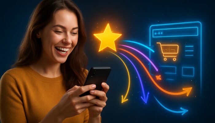 Happy customer using smartphone to post a review, with vibrant links to an active e-commerce site symbolising SEO growth.