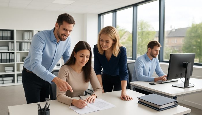 A modern office in Yeovil displaying spotless desks, organised files, and focused employees benefiting from natural light.