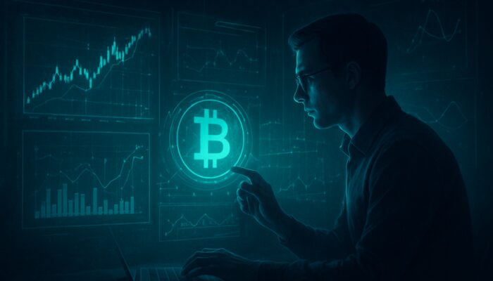 Focused trader analyzing holographic crypto charts and simulations in a dimly lit lair.