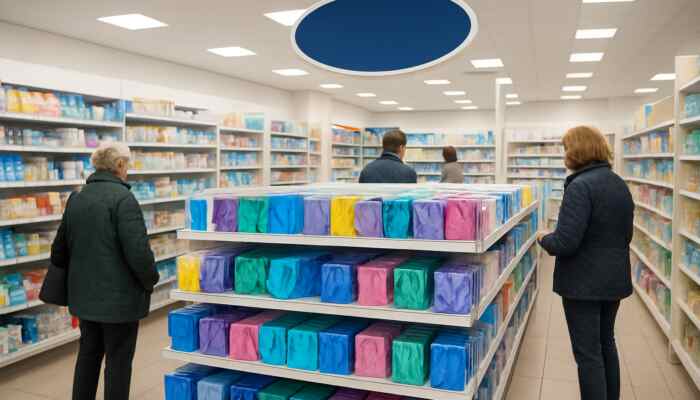Bustling Boots pharmacy in Lytham St Annes, shelves stocked with colourful latex gloves and browsing customers.