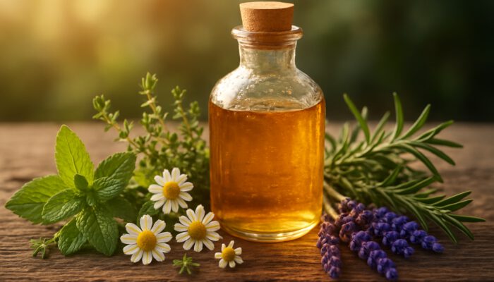 Golden herbal syrup bottle surrounded by fresh mint, chamomile, thyme, rosemary, and lavender on a rustic table.